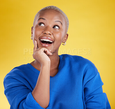 Buy stock photo Wow, thinking and aha with a black woman in studio on a yellow background looking thoughtful or surprised. Idea, wonder and eureka with an attractive young female feeling shocked or contemplative
