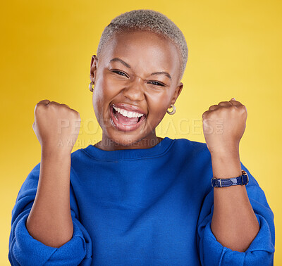 Buy stock photo Portrait, happy black woman and fist of winner in studio for celebration, achievement deal and success. Excited female model celebrate winning prize on background for lottery, bonus victory and smile