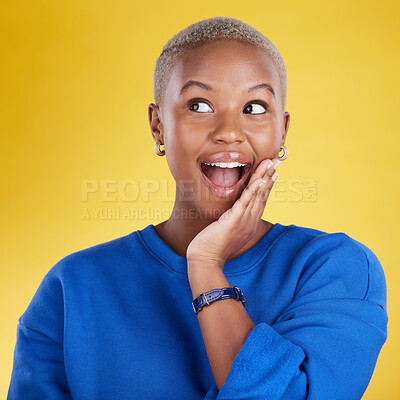 Buy stock photo Wow, thinking and eureka with a black woman in studio on a yellow background looking thoughtful or surprised. Idea, wonder and aha with an attractive young female feeling shocked or contemplative