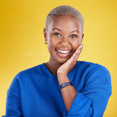 Buy stock photo Black woman, studio portrait and student for smile, happiness or beauty by yellow background. Happy girl, model and fashion with excited face, cosmetics or gen z aesthetic with confidence by backdrop