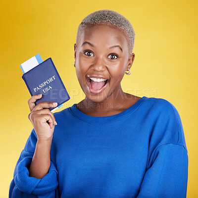 Buy stock photo Passport, excited and woman face isolated on yellow background for USA travel opportunity, immigration or holiday. Identity documents, flight ticket and wow portrait of young black person in studio