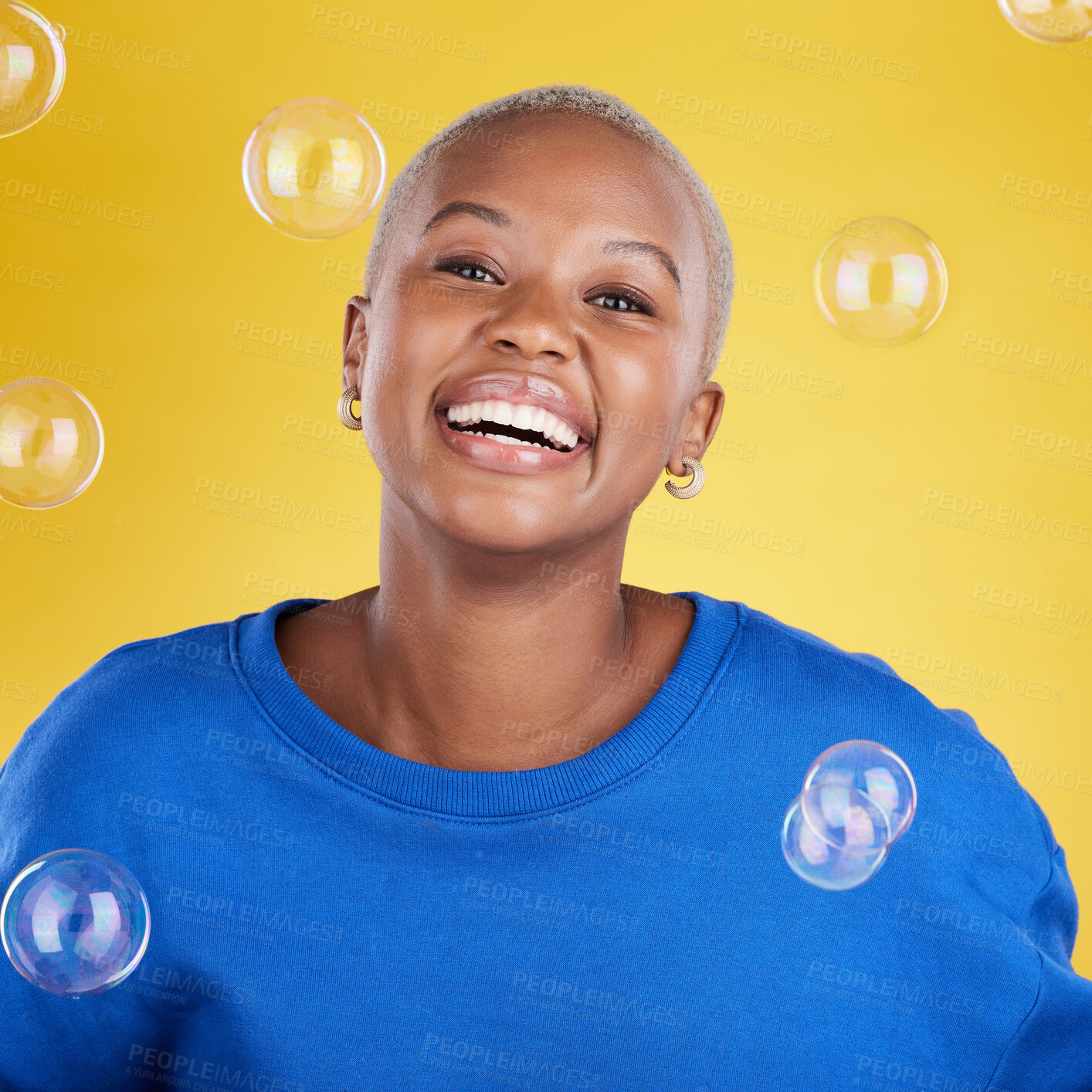 Buy stock photo Black woman, studio portrait and soap bubbles for student smile, happiness or beauty by yellow background. Happy girl, model or fashion with excited face, cosmetics or gen z aesthetic with confidence