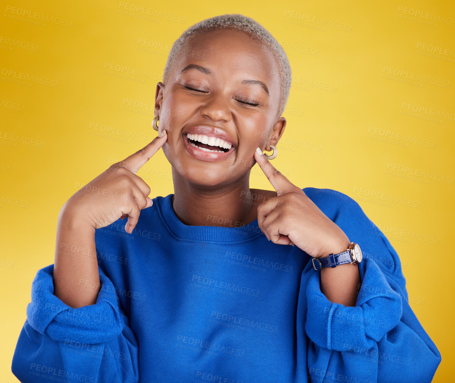 Buy stock photo Fashion, smile and black woman happy pointing at her face excited and confident isolated in a studio yellow background. Style, happiness and young female with a positive mindset and confidence