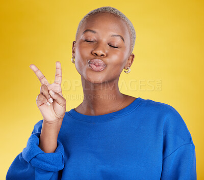 Buy stock photo Happy, success and black woman with peace sign, support and cheerful against a studio background. African American female, lady and v hand gesture with smile, happiness and facial expression with joy