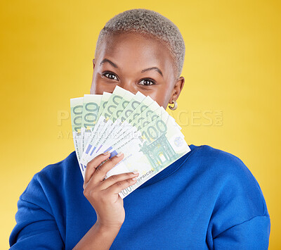 Buy stock photo Money winner, portrait and black woman with euros in studio isolated on a yellow background. Financial freedom, wealth and face of rich female with cash after winning lottery, prize or competition.