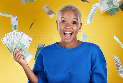 Buy stock photo Winner, portrait and excited black woman with euros in studio isolated on a yellow background. Financial freedom, money rain and happy face of wealthy female with cash after winning lottery prize.