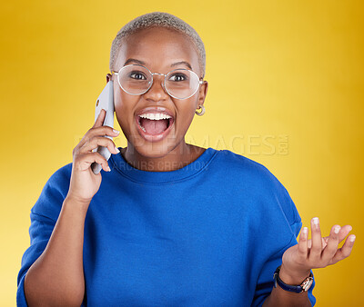 Buy stock photo Phone call, talking and laughing black woman in studio isolated on a yellow background. Cellphone, contact and happy African female with mobile smartphone for chatting, funny conversation or speaking