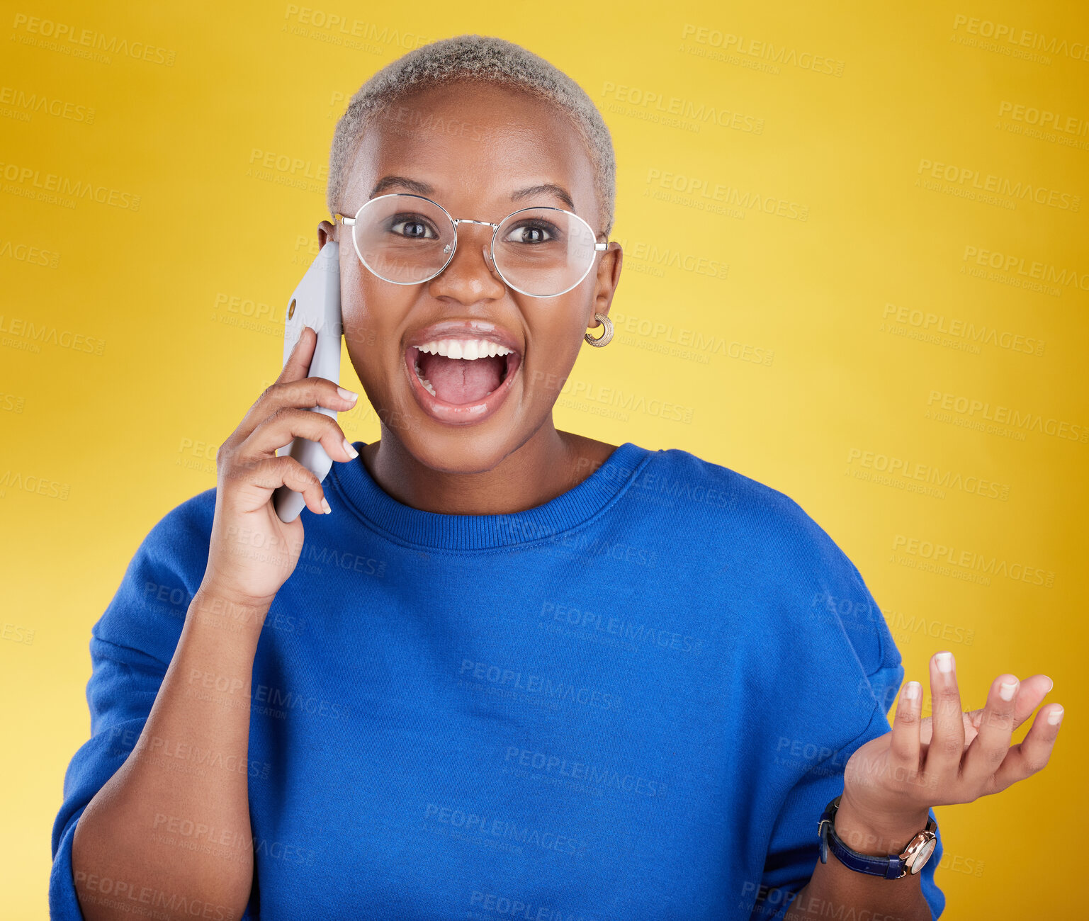 Buy stock photo Phone call, talking and laughing black woman in studio isolated on a yellow background. Cellphone, contact and happy African female with mobile smartphone for chatting, funny conversation or speaking