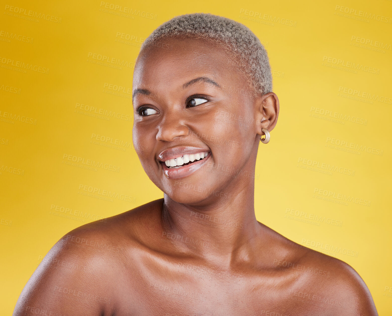 Buy stock photo Skincare, beauty and cosmetics, face of black woman, smile and skin glow promo on yellow background. Makeup, facial and happy gen z African model in studio for dermatology spa promotion with mockup.