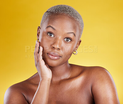 Buy stock photo Face portrait, skincare and beauty of black woman in studio isolated on a yellow background. Natural, makeup cosmetics and confidence of African female model with facial treatment for healthy skin.