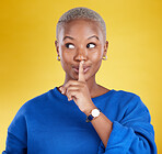 Secret, face and black woman with finger on lips in studio, background and privacy of drama news. Female model, silence and quiet on mouth, shush and gossip in whisper, emoji or confidential surprise