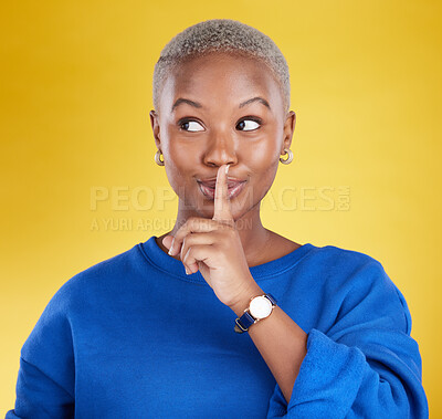 Buy stock photo Secret, face and black woman with finger on lips in studio, background and privacy of drama news. Female model, silence and quiet on mouth, shush and gossip in whisper, emoji or confidential surprise