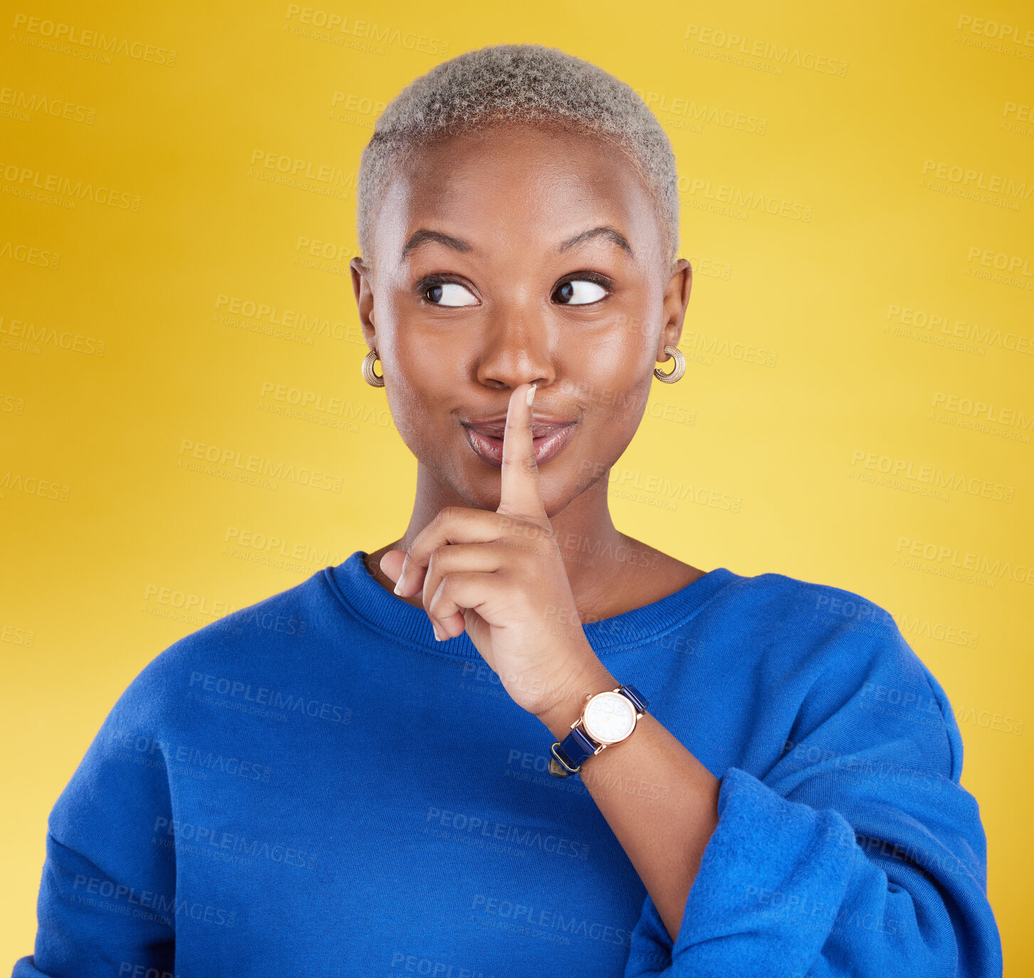 Buy stock photo Secret, face and black woman with finger on lips in studio, background and privacy of drama news. Female model, silence and quiet on mouth, shush and gossip in whisper, emoji or confidential surprise