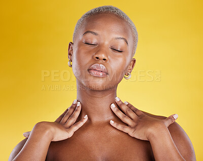 Buy stock photo Peace, health and black woman with skincare, dermatology and confidence against a studio background. African American female, lady and cosmetics with grooming, treatment and natural care for beauty