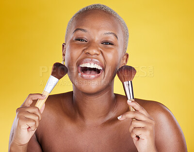 Buy stock photo Face, laughing and black woman with makeup brush in portrait in studio isolated on a yellow background. Cosmetics, beauty and happy female model with tool to apply foundation or powder for skincare.