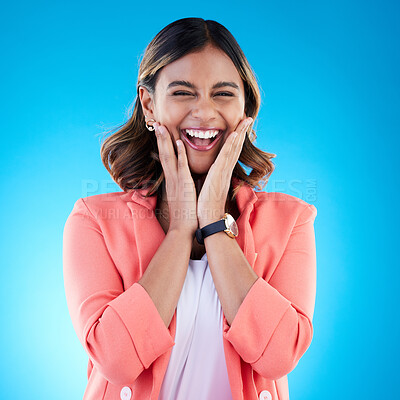 Buy stock photo Happy, excited and portrait of woman in studio with surprise, good news and happiness expression. Wow, emoji reaction and face of Indian girl for success, celebration and smile on blue background