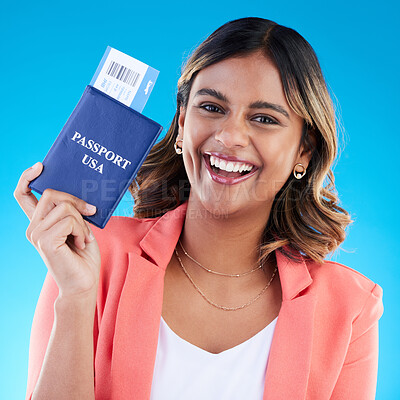 Buy stock photo Passport, excited and woman portrait isolated on blue background for USA travel opportunity, immigration or holiday. Identity documents, flight ticket and happy face of young indian person in studio