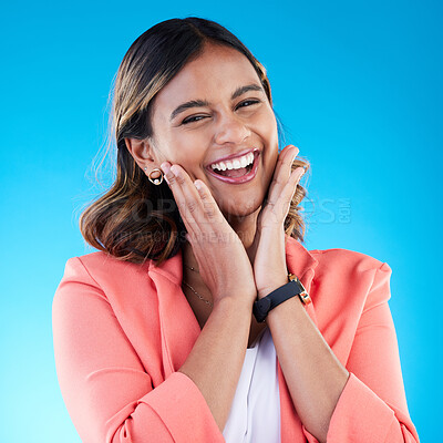 Buy stock photo Excited, hands on face and portrait of woman in studio with surprise, good news and happiness expression. Wow, emoji reaction and Indian girl for success, celebration and happy on blue background