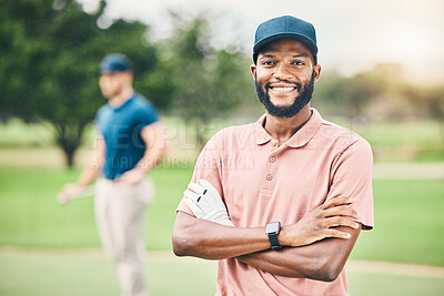 Buy stock photo Black man, portrait smile and golf player in sports with arms crossed for professional sport or hobby in nature. Happy African American sporty male on golfing field smiling for play, game or match