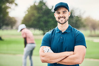 Buy stock photo Golf, sports and portrait of man with smile on course for game, practice and training for competition. Professional golfer, fitness and happy male athlete ready for exercise, activity and recreation