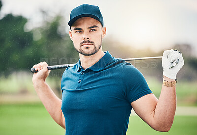 Golf, sports and man with golfing club on course for game, practice and training for competition. Professional golfer, serious face and male athlete with focus for exercise, activity and recreation