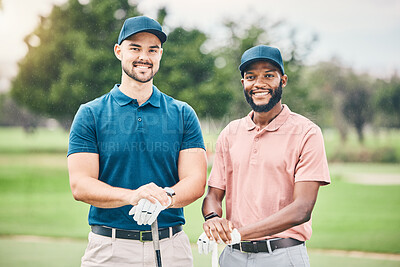 Buy stock photo Golf, sports and portrait of men with smile on course for game, practice and training for competition. Professional golfer, relax and happy friends ready for exercise, fitness activity and golfing
