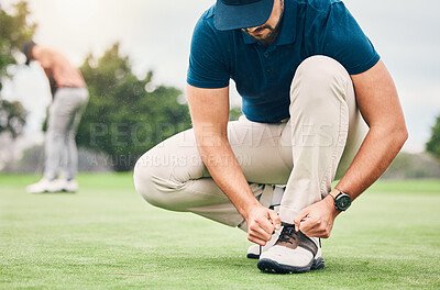 Buy stock photo Sports, tying and shoes of man on golf course for training, games and tournament match. Ready, start and tie laces with athlete playing in club on lawn field for relax, golfing and competition