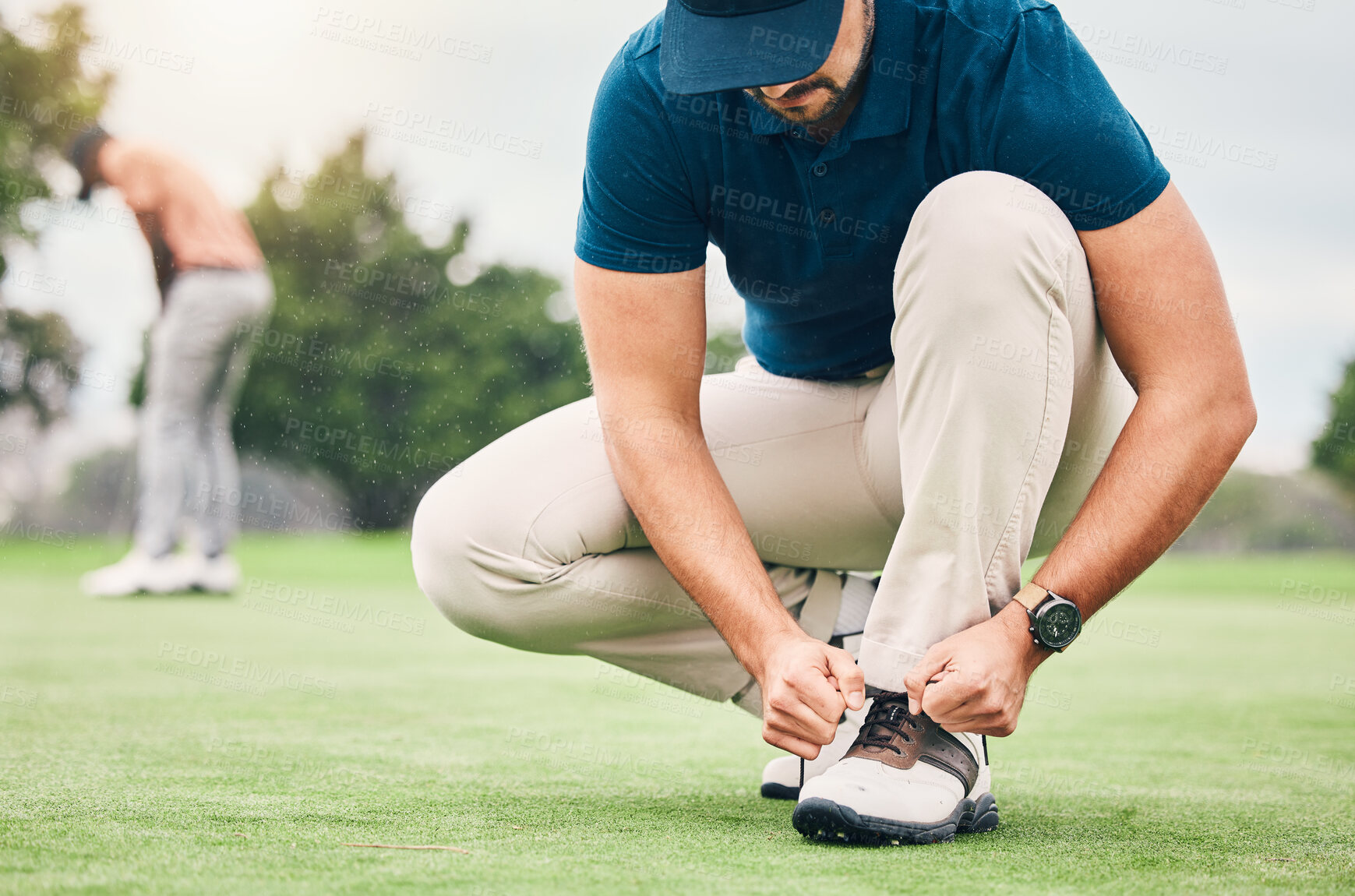 Buy stock photo Sports, tying and shoes of man on golf course for training, games and tournament match. Ready, start and tie laces with athlete playing in club on lawn field for relax, golfing and competition