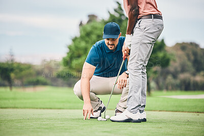 Buy stock photo Teaching, golf lesson and sports coach help man with swing, putter and stroke outdoor. Golfing, green course and club support of a golfer athlete ready for exercise, fitness and training for a game.