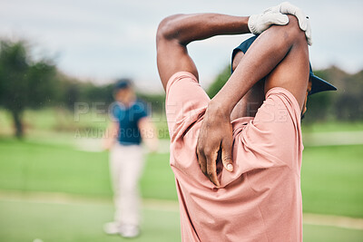 Buy stock photo Golf, sports and black man stretching arms on course for game, practice and training for competition. Professional golfer, fitness and happy male athlete warm up for exercise, golfing and activity