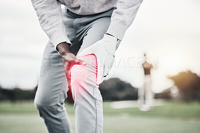 Buy stock photo Sports, injury and golf course, black man with knee pain at game, massage and relief in health and wellness. Green, zoom on hands on leg in support and golfer with ache at golfing workout on grass.