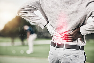 Sports, injury and golf, black man with back pain during game on course, massage and relief in health and wellness. Green, hands on spine for support and golfer with body ache during golfing workout.