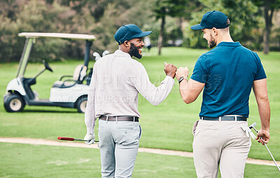 Buy stock photo Man, friends and fist bump on golf course for sports, partnership or trust on grass field together. Happy sporty men bumping hands or fists in collaboration for good match, game or competition