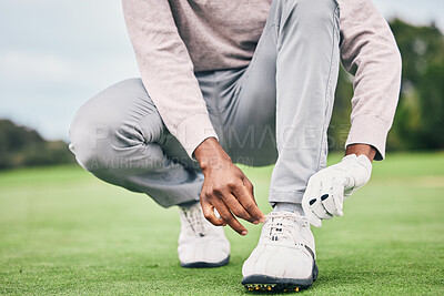 Buy stock photo Sports, laces and shoes of man on golf course for training, games and tournament match. Ready, start and tying with male athlete playing in club on lawn field for relax, golfing and competition