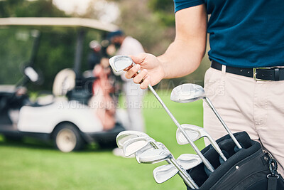Buy stock photo Golf, choose club and hands of man with bag on course ready to start game, practice and training for competition. Professional golfer, golfing and male caddy for exercise, fitness and recreation