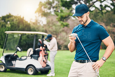 Buy stock photo Golf, sports and man on course with golfing club ready to start game, practice and training for competition. Professional golfer, activity and male caddy on grass for exercise, fitness and recreation