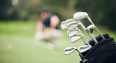 Buy stock photo Golf, sports and golfing club in bag on course for game, practice and training for competition. Professional golfer, sport mockup and closeup of caddy equipment for exercise, activity and recreation
