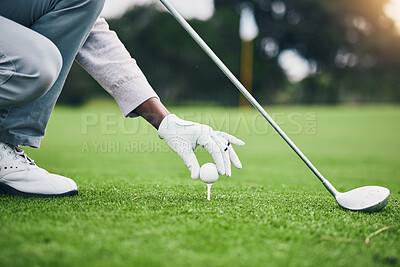 Sports, golf ball and tee with hand of black man on field for training, tournament and challenge. Start, competition match and ready with athlete and club on course for action, games and hobby