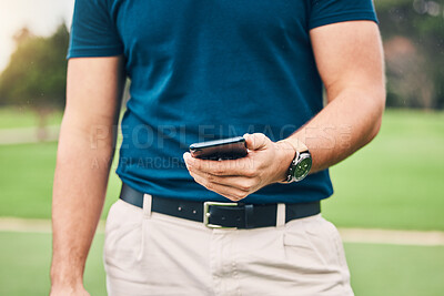 Buy stock photo Man, hands and phone in communication on golf course for sports, social media or networking in the outdoors. Hand of sporty male holding smartphone for mobile app, golfing research or browsing