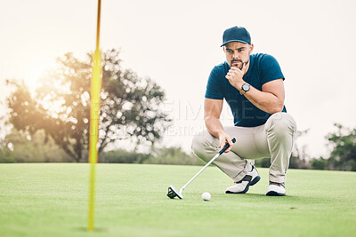Buy stock photo Thinking, sports and hole with man on golf course for training, competition match and planning. Games, challenge and tournament with athlete playing on field for exercise, precision and confidence