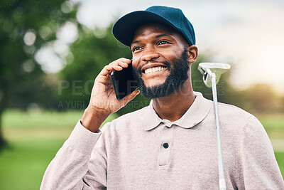 Buy stock photo Black man, phone call and communication on golf course for sports conversation or discussion outdoors. Happy African male smiling and talking on smartphone while golfing for sport hobby in nature