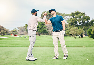 Buy stock photo Friends, men and shaking hands on golf course for sports, trust or partnership on grass field together. Golfing, collaboration and happy people handshake for good match, game or competition outdoors.
