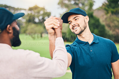 Buy stock photo Man, friends and shaking hands on golf course for sports, partnership or trust on grass field together. Happy sporty men handshake in collaboration for good match, game or competition in the outdoors