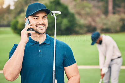 Buy stock photo Man, phone call and communication on golf course for sports conversation or discussion in the outdoors. Happy sporty male smiling and talking on smartphone while golfing in sport hobby in nature