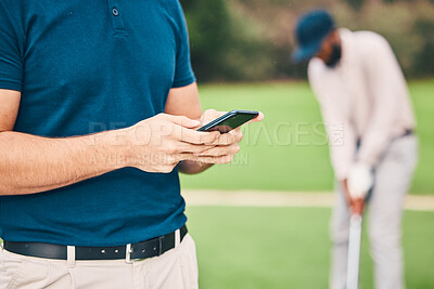 Buy stock photo Man, hands and phone in social media on golf course for sports, communication or networking outdoors. Hand of sporty male chatting or texting on smartphone mobile app for golfing research or browsing