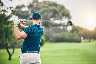Buy stock photo Sports, golf and man swing driver on field for exercise, training or workout match. Fitness, golfing course and male golfer swinging club for practice, competition or game for recreation outdoors.