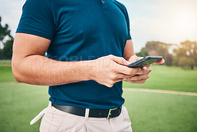 Buy stock photo Man, hands and phone in communication on golf course for sports, social media or networking outdoors. Hand of sporty male chatting or texting on smartphone mobile app for golfing research or browsing