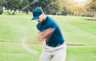 Buy stock photo Golf, motion blur and hobby with a sports man swinging a club on a field or course for recreation and fun. Golfing, grass and training with a male golfer playing a game on a green during summer