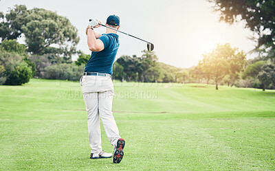 Buy stock photo Golf, back and hobby with a sports man swinging a club on a field or course for recreation and fun. Golfing, grass and stroke training with a male golfer playing a game on a green during summer
