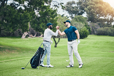 Buy stock photo Golf, friends and sport with men on course playing for training, games and challenge. Tournament, handshake and support with players and congrats on lawn field for competition, hobby and practice